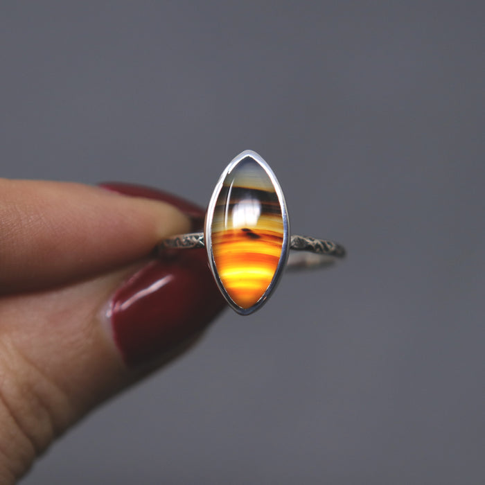OOAK Montana Agate Marquise Relic Ring - Size 8